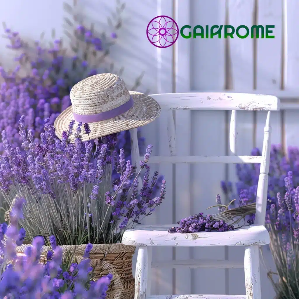 Chapeau sur une chaise en bois - Lavande, stress, huiles essentielles.
